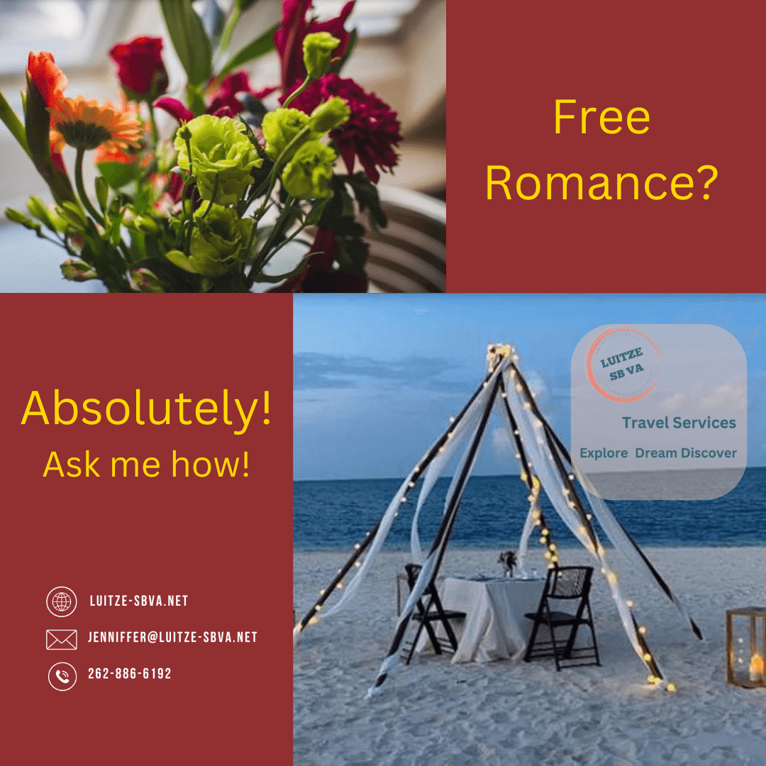 free romance all-inclusive resort travel agent hero flowers sparkling wine bubblebath petit fours romantic beach dinner romantic dinner champagne breakfast couples massage